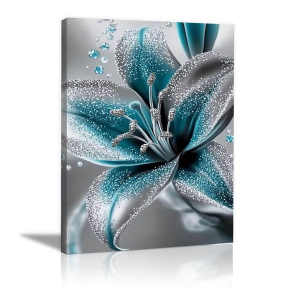 Teal Silver Lily Canvas Wall Art,Modern Floral Prints for Living Room Bedroom Bathroom Home Decor,Framed Ready to Hang-12"L x 8"W