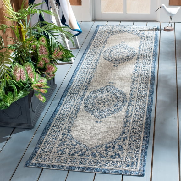 SAFAVIEH Courtyard Avi Medallion Indoor/Outdoor Runner Rug, Light Grey/Blue, 2'3" x 10'