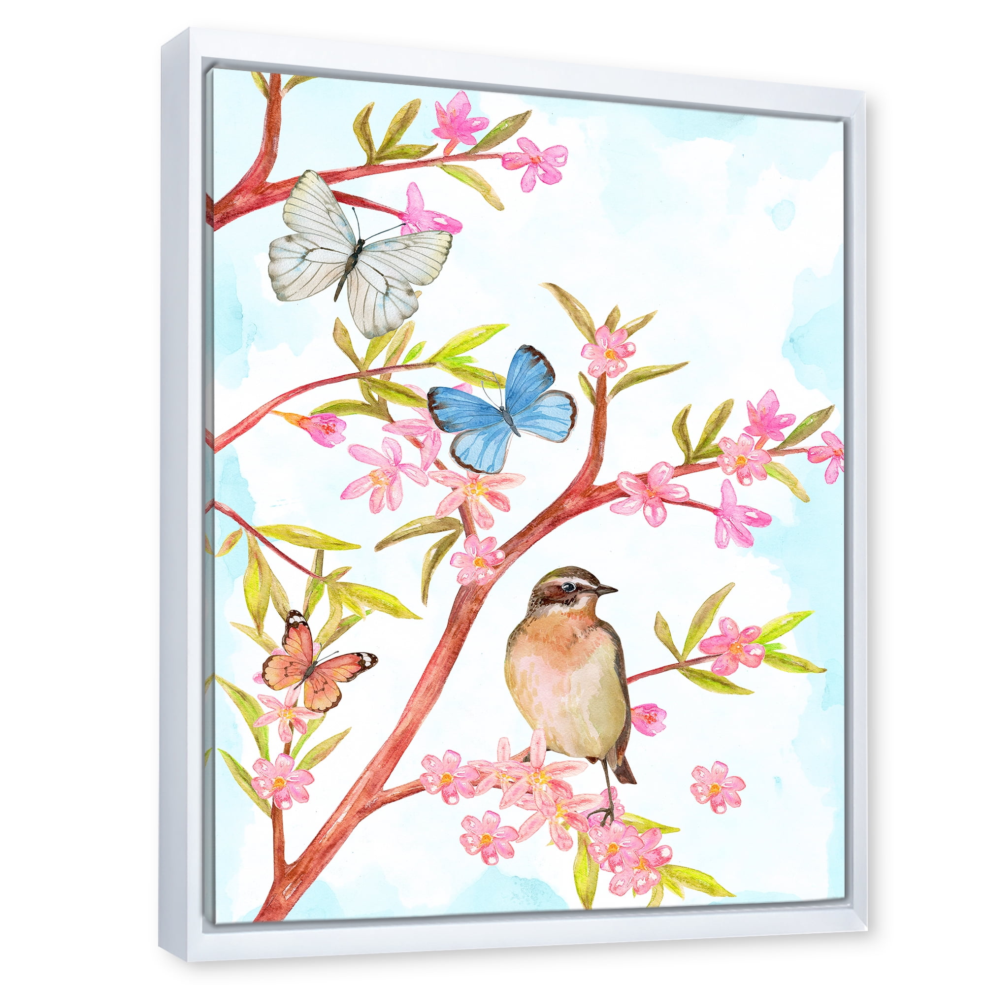 Clever Bird Sitting On Branch of A Spring Tree With Butterflies 24 in x 32 in Framed Painting Canvas Art Print, by Designart