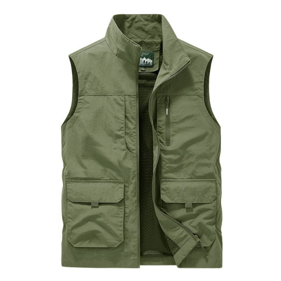 SWSMCLT Men's Utility Vest Zipper Basic Spring Outdoor Cargo Safari Fishing Sleeveless Tank Top Pocket Army Green Large