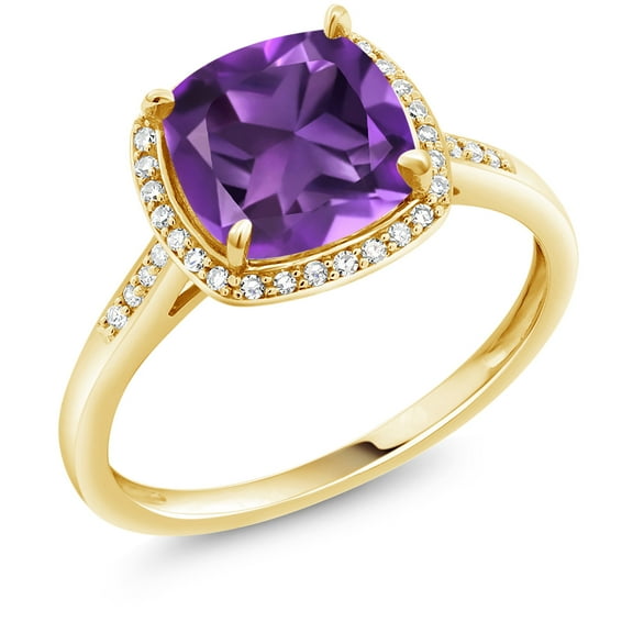 Gem Stone King 10K Yellow Gold Purple Amethyst and White Diamond Women's Engagement Ring (2.35 Cttw, Cushion 8MM, Available in Size 5, 6, 7, 8, 9)