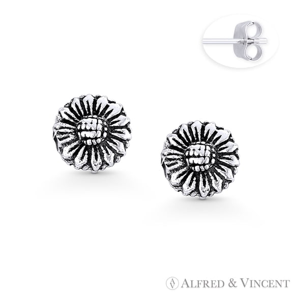 Sunflower Daisy Flower Charm Rustic Stud Earrings in Oxidized .925 Sterling Silver