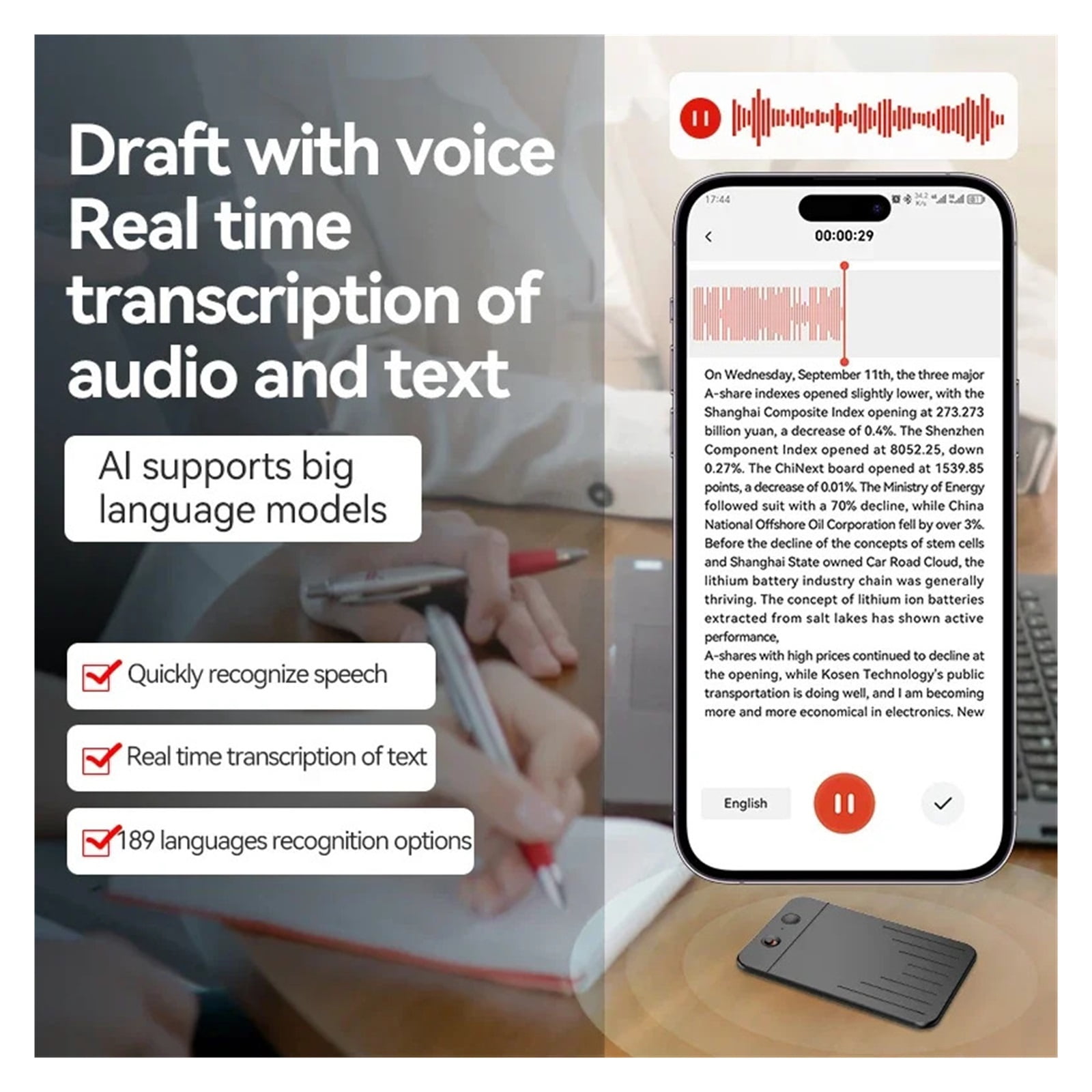 AI Powered Phone Calls Voice Recorder Transcribe Summarize Language Sound Device Dictaphone ,Multi-Function