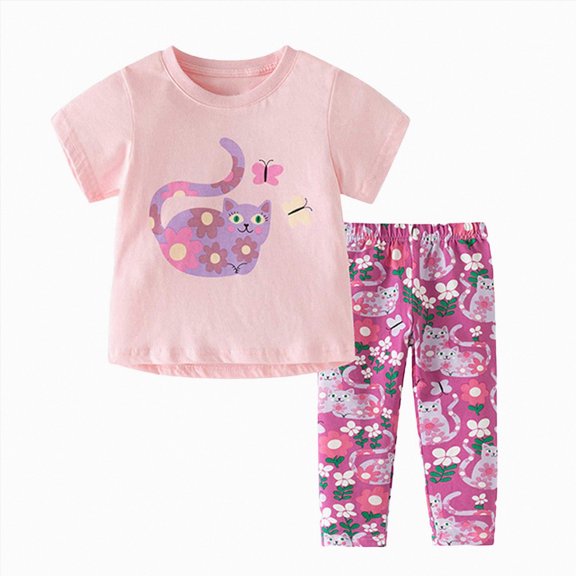 enyan Toddler Baby Girls Summer Clothes Smocked Short Sleeve T-Shirt Tops Ruffled Short Sets Cute Outfits 2Pcs,Purple,5 Years