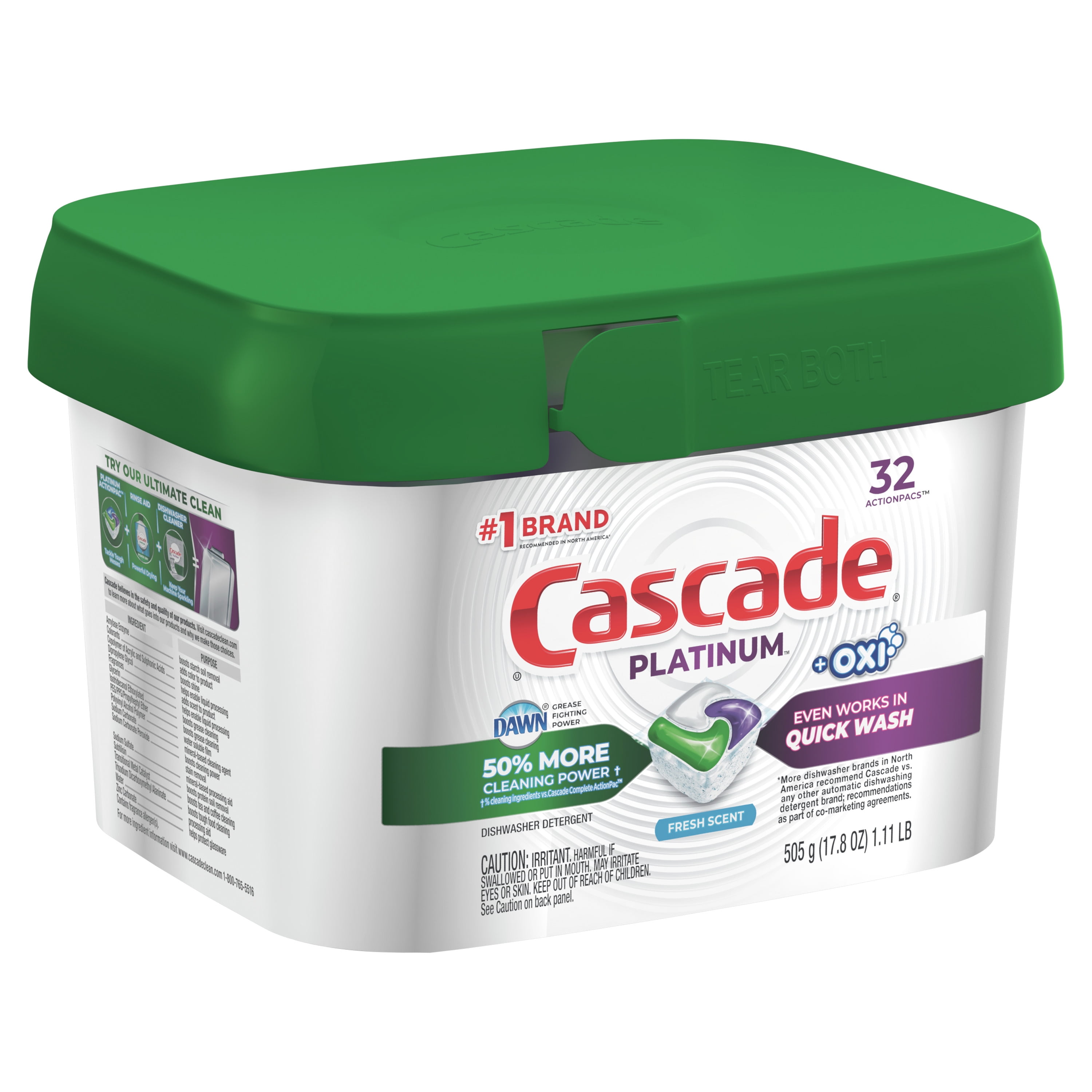 Cascade Platinum + Oxi Dishwasher Pods, ActionPacs Dishwasher Detergent Tabs, Fresh Scent, 32 Count