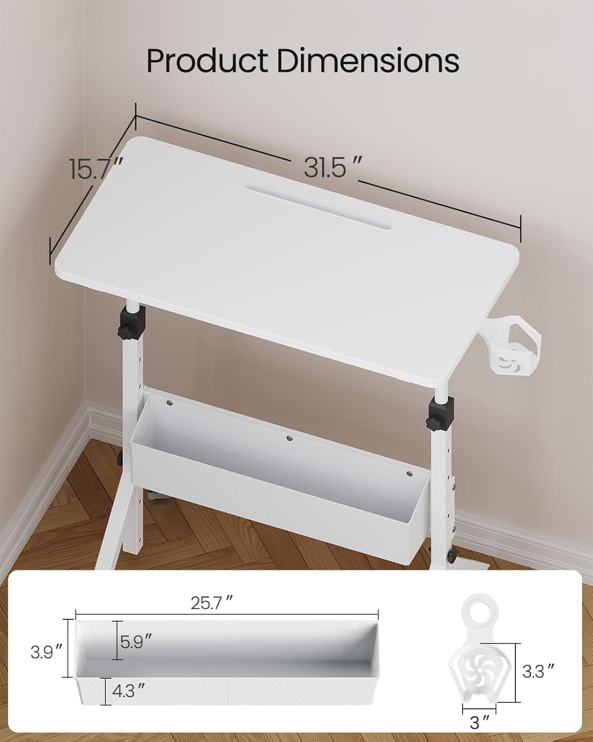 CHITOOMA Mobile Standing Desk with Cup Holder, 6 Level Height-Adjustable Computer Desk with Laptop Slot for Office, White