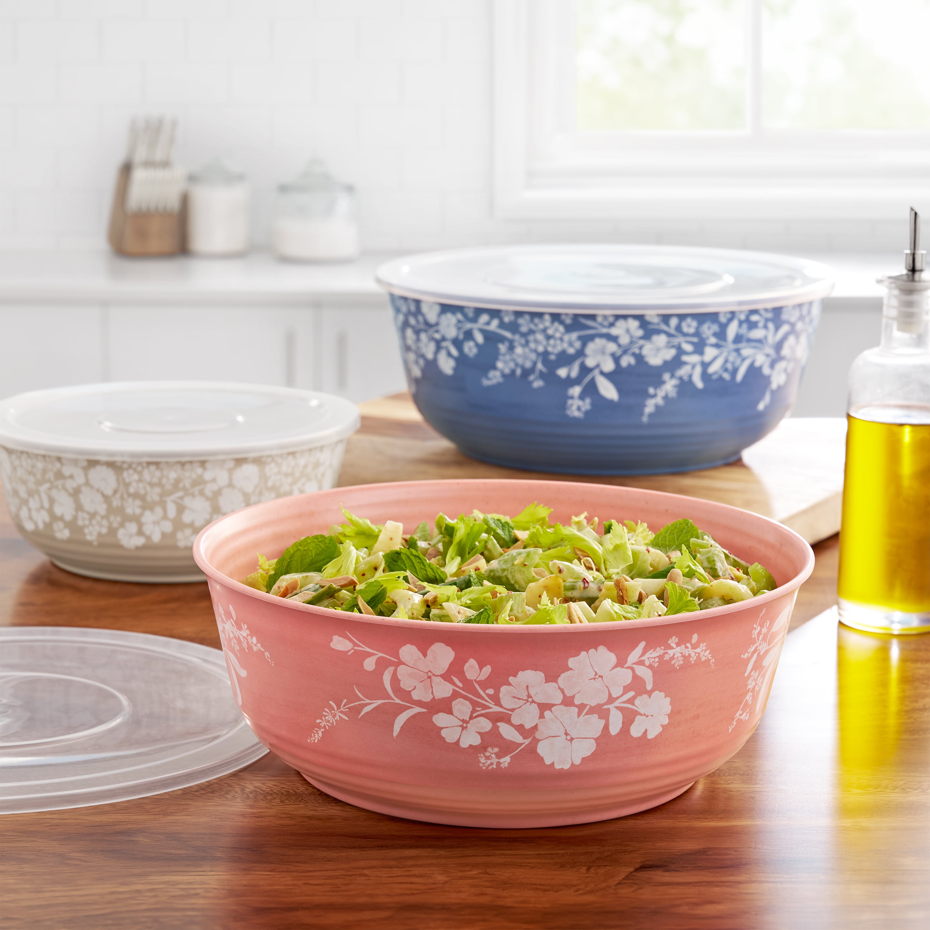 The Pioneer Woman Daisy 6-Piece Bamboo Melamine Bowl Set with Lids, Multicolor
