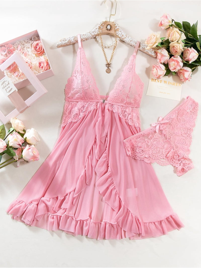 pink sheer dress babydoll Loop Mesh Semi Sheer Printed Babydoll Dress in Brown & Pink Strawberry Blossom
