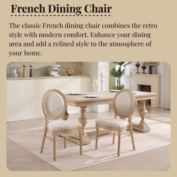 French Country Dining Chairs Set of 2, Upholstered Chairs with Round Back, Wire drawing and carving techniques ,Disassemblable and Stackable, for Living Room, Kitchen , Restaurant Use, Beige