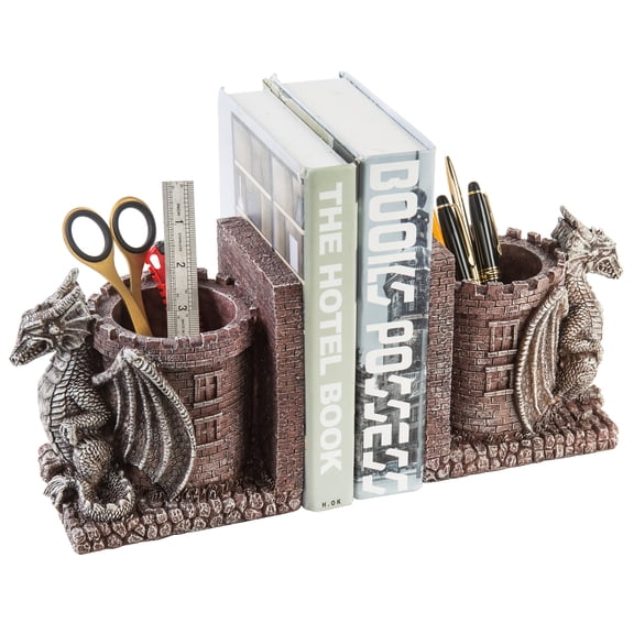 MyGift Dragon Guard Castle Decorative Vintage Stone Resin Bookends with Pencil Holders