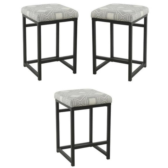 Home Square 24" Metal and Fabric Geometric Counter Stool in Charcoal - Set of 3