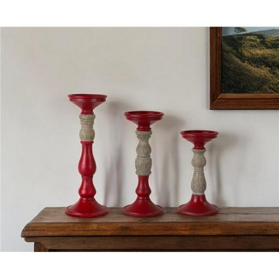 HomeRoots 516457 Red & Natural Resin Ornate Tabletop Pillar Candle Holders - Set of 3