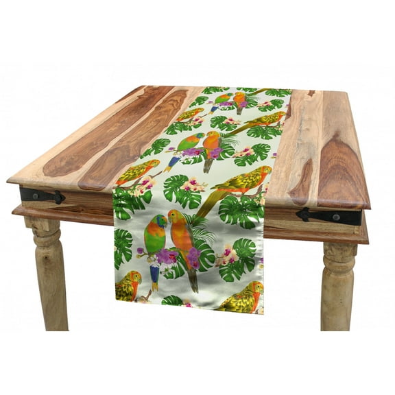 Exotic Table Runner, Vivid Parrots on Floral Branches with Orchids and Philodendron, Dining Room Kitchen Rectangular Runner, 3 Sizes, by Ambesonne
