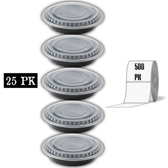 Meal Prep Containers And Lids And Labels Set: (25 Pk) Round Reusable Microwavable BPA Free Food Container With Lid + (500) Dissolving Labels, Great For Prepping And Planning Take Out