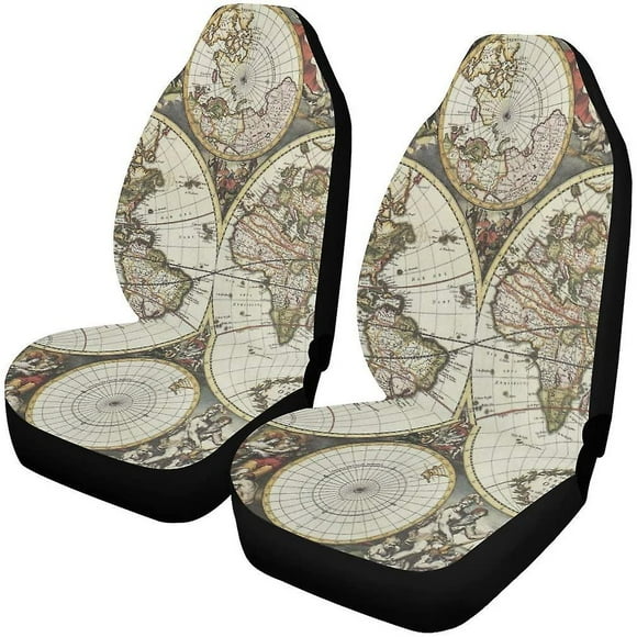Set Of 2 Car Seat Covers Vintage World Map Universal Auto Front Seats Protector Fits For Car,suv Sedan,truck D---13282
