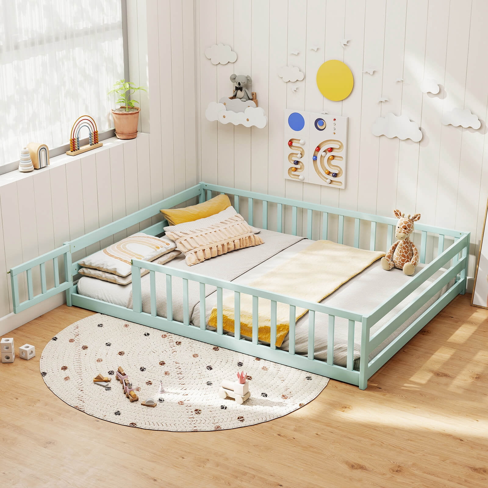 Costway Full Size Floor Bed with Full Length Safety Guardrails & Door for Boys, Girls Mint Sky