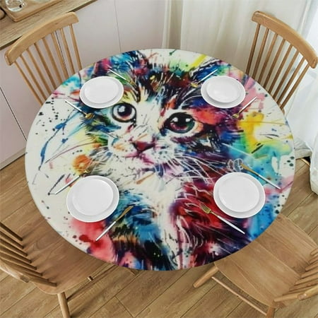 

Sheronv Cute Cat Round Table Cover Stain Resistant Washable Indoor Outdoor Tablecloth Kitchen Dining Wedding Parties Elastic Edge 100% Polyester Fiber 54-58