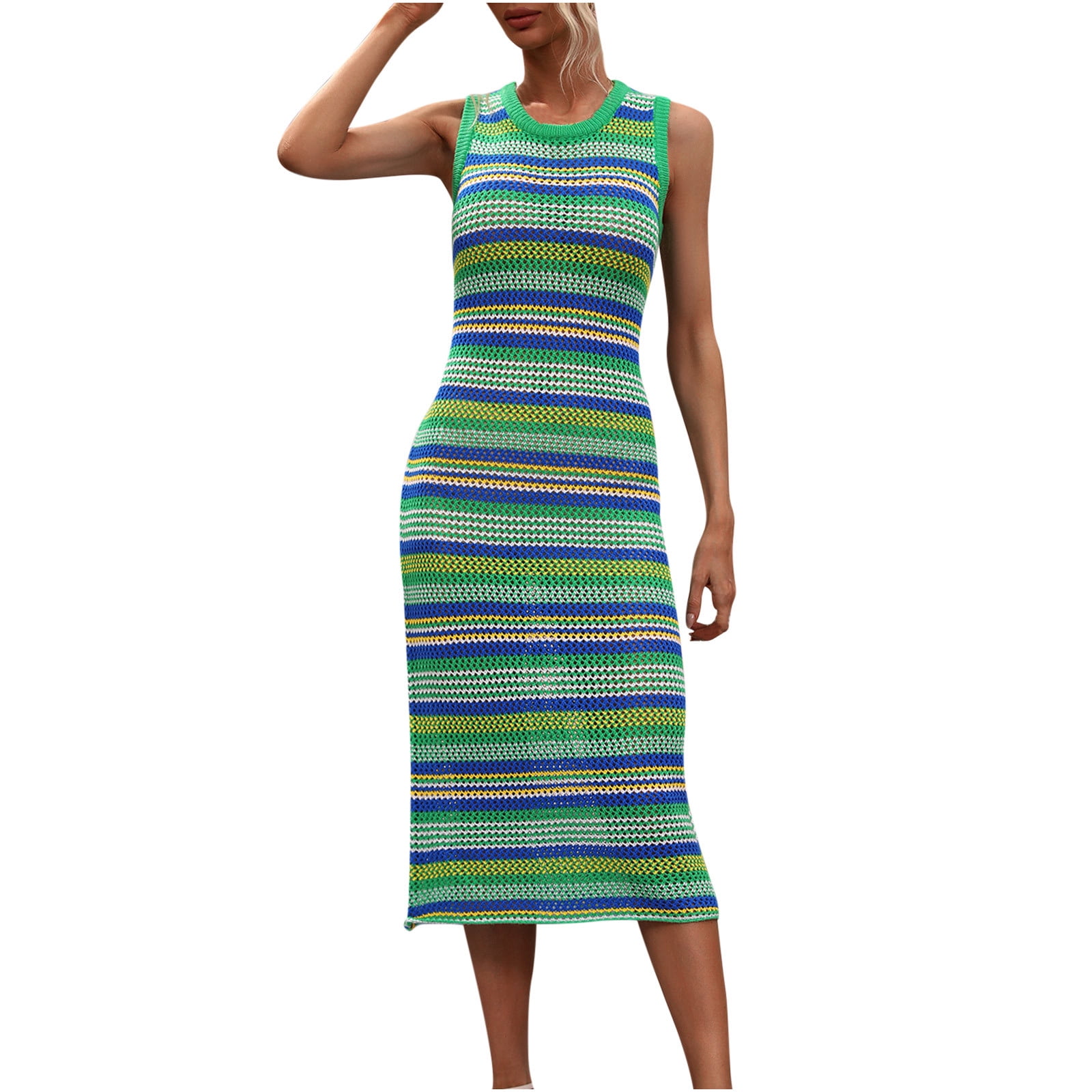 Crochet Dresses for Women Sexy Hollow Out Knitted Beach Bikini Cover Ups Sleeveless Crew Neck Trendy Stripe Printed Slim Fit Cover-Up Tank Midi Dress