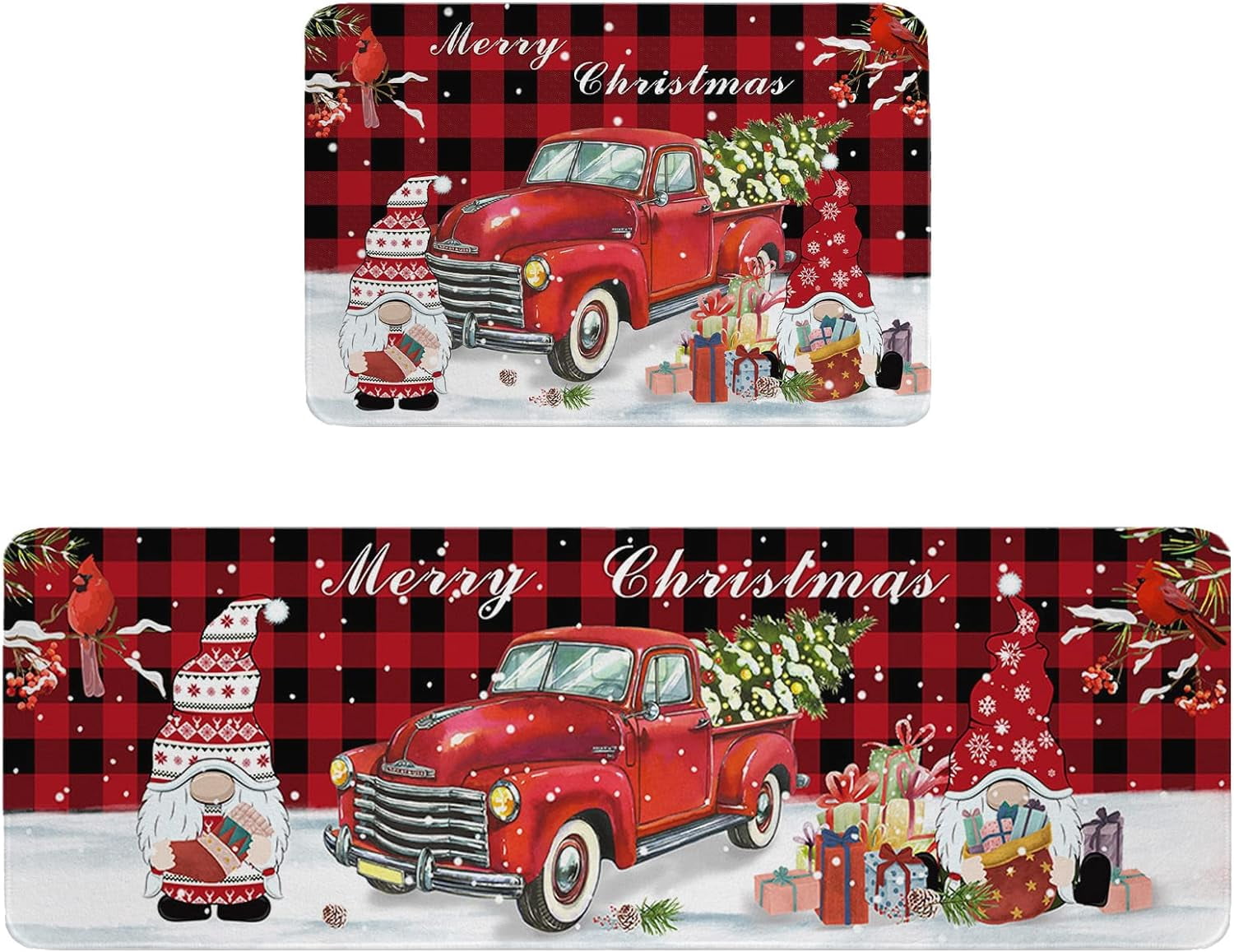 Kitchen Rug Mat Christmas Gnome Truck, Set of 2, Anti-Fatigue Non-Skid Washable Kitchen Runner Rugs, Red Buffalo Plaid Cardinals Soft Comfort Rug for Kitchen, Floor Home, Front of Sink, Laundry