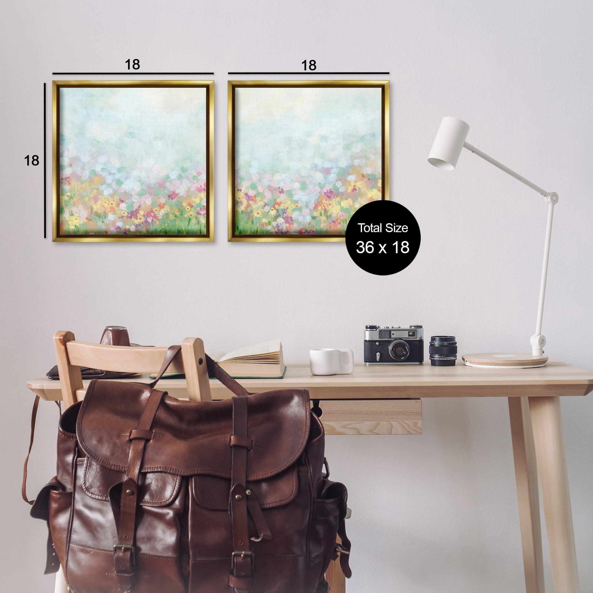 Stupell Industries Pastel Spring Flower Field Abstract Painting Gold Floater Framed Canvas Art Print Wall Art, 18 x 18, Set of 2