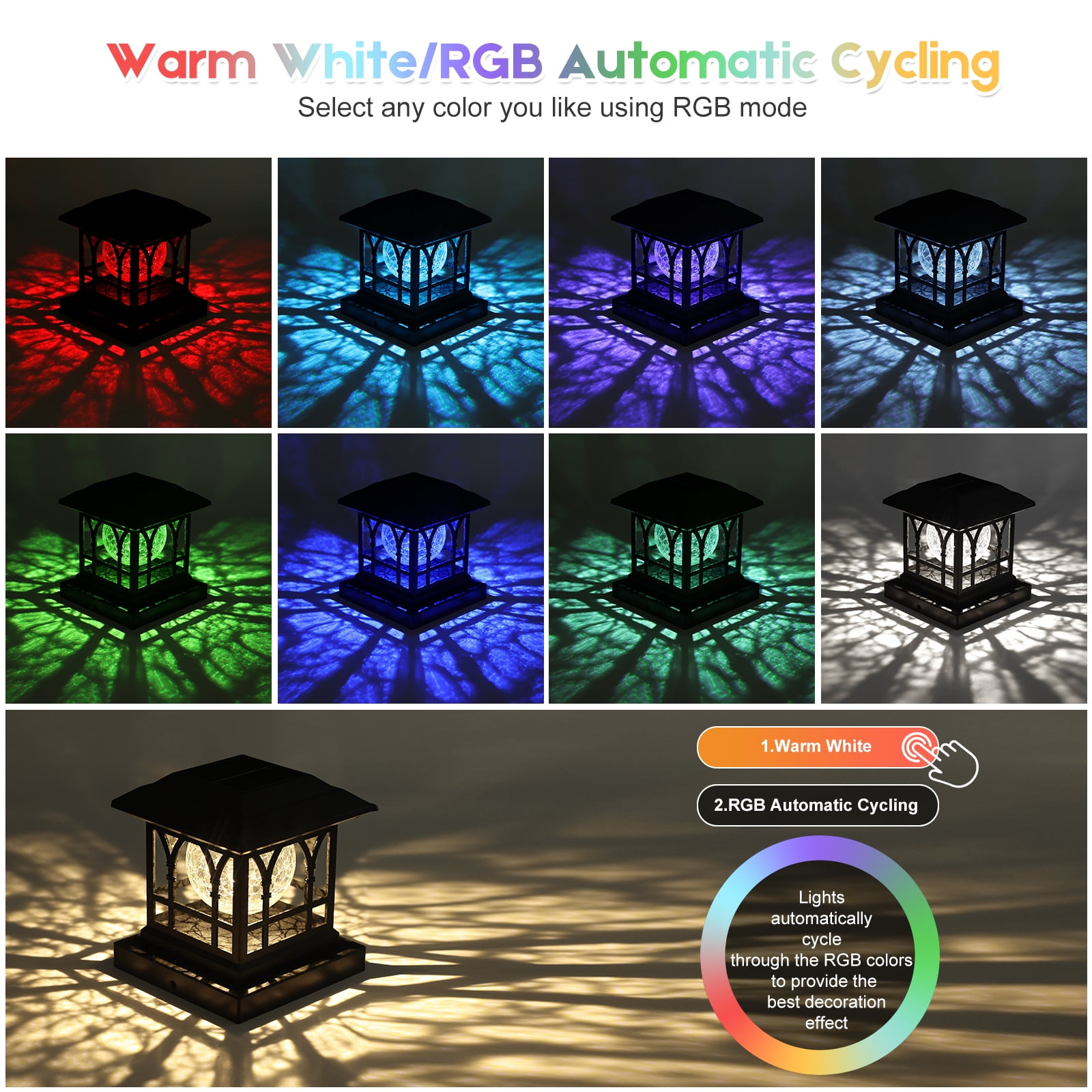 Liefgarden Solar Post Cap Lights Outdoor, RGB & Warm White 2 LED Lighting Mode 20 LM, Fits 3.6x3.6 4x4 4.5x4.5 5x5 Wooden Fence Deck Patio Garden. Black (12 Pack)
