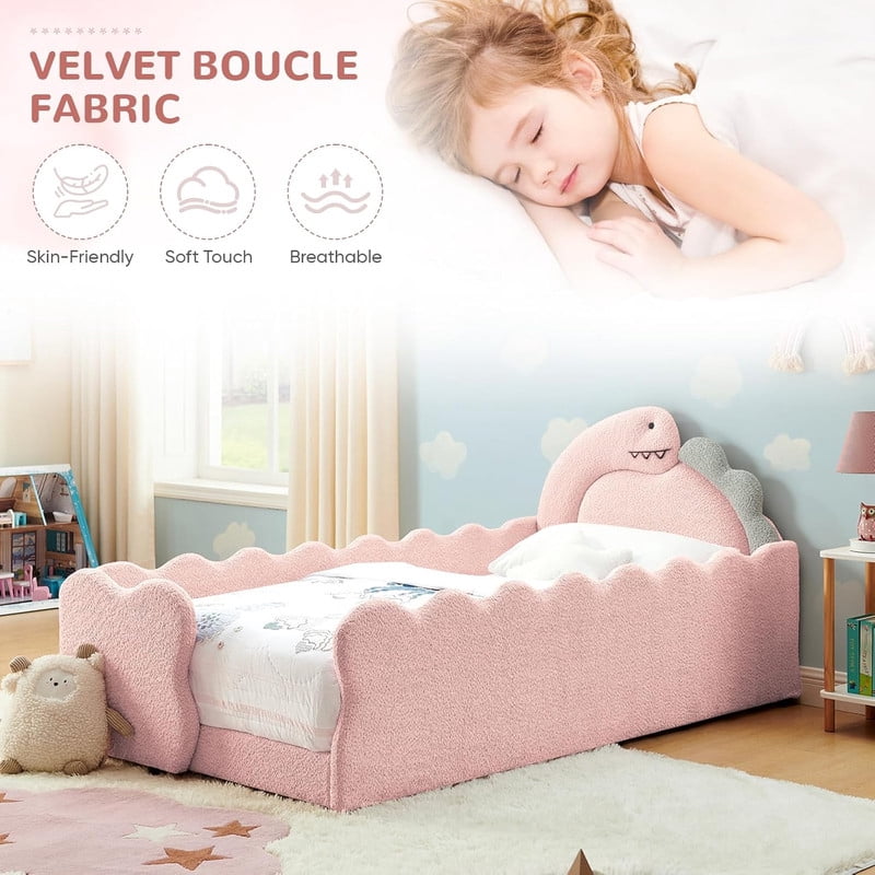 Twin Size Upholstered Platform Bed with Dinosaur Shaped Headboard, Boucle Fabric Kids Bed with Slats Support, Space-Saving Daybed for Girl, Boy, Teenager