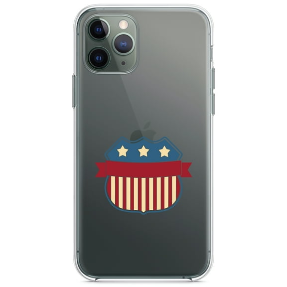 DistinctInk Clear Shockproof Hybrid Case for iPhone 13 (6.1" Screen) - TPU Bumper Acrylic Back Tempered Glass Screen Protector - USA Badge Flag Red White & Blue
