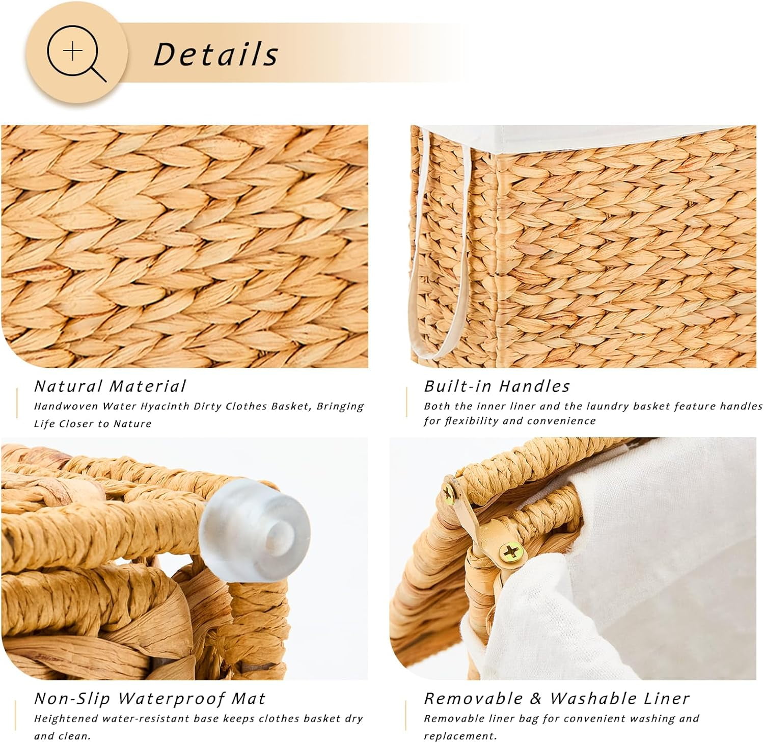 Casa Pura Furniture 55L Slim Handwoven Water Hyacinth Laundry Hamper, Narrow Wicker Laundry Basket with Handles, Removable Liner & 2 Mesh Bags
