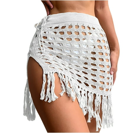 Summer Clearance Sale! TMOYZQ Womens Swimsuit Cover Up Hollow Out Crochet Knit Tassel Side Split Mini Skirt Swimwear Beach Sarong Coverups Bathing Suits Bikini Coverups