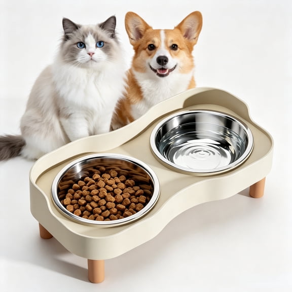 Elevated Cat Bowls, 2 Stainless Steel Raised Cat Food and Water Bowl Set, Splash Proof & Non-Slip, Dishwasher Safe for Cats and Small Dogs