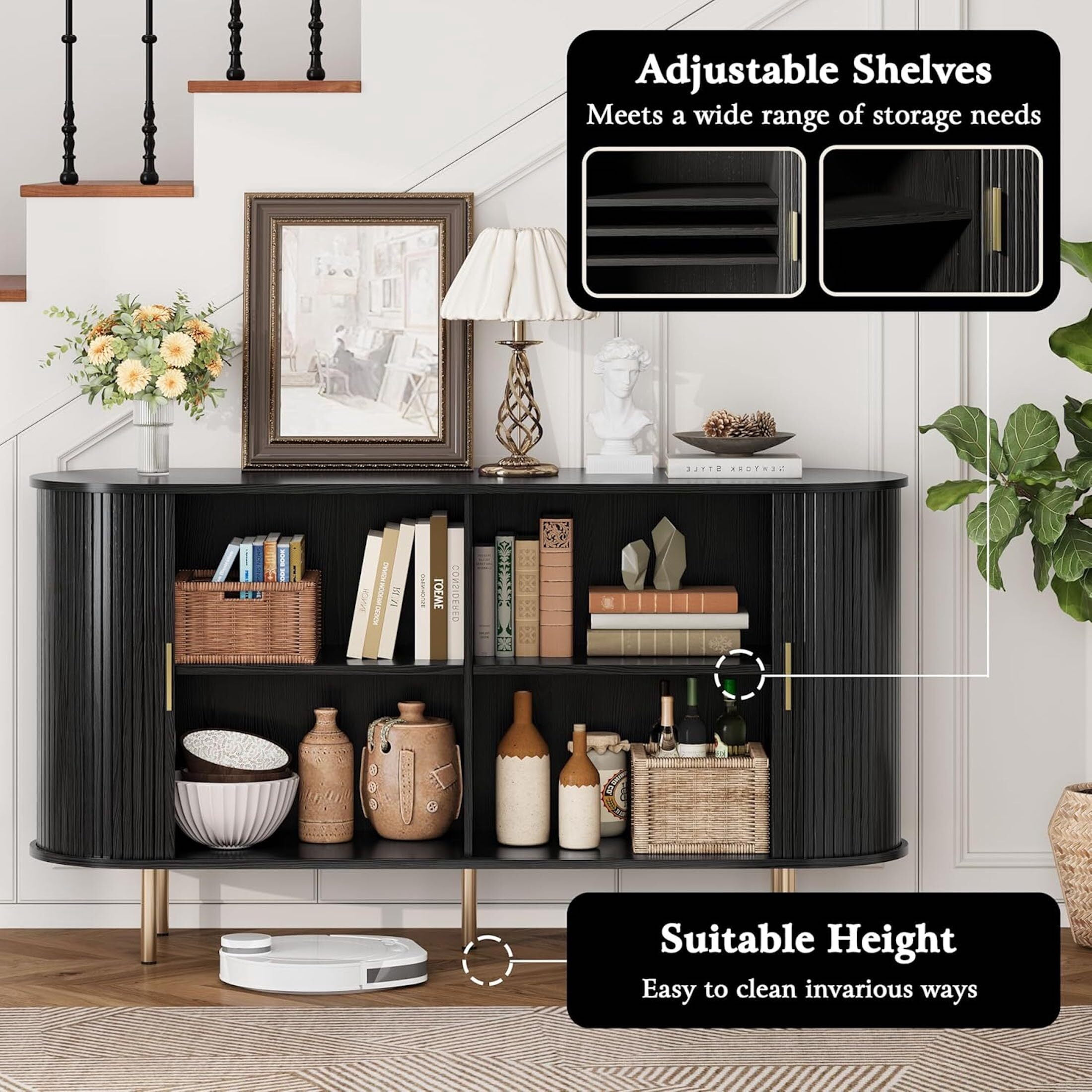 Aisword Sideboard Buffet Cabinet with Storage,Mid Century Modern Fluted Accent Coffee Bar Console Table,Tambour Sliding Doors& Adjustable Shelf for Kitchen, Living Room, Entryway, 55 Inch Black
