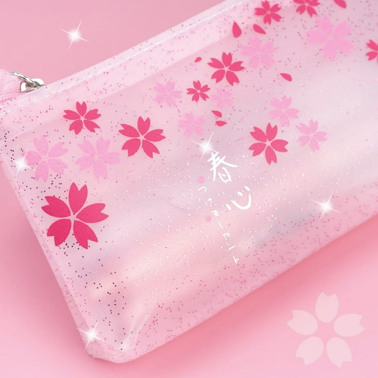 Sakura Cute Glitter Clear Pink Pencil Case with Snowflake