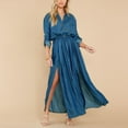 thumbnail image 3 of Robe en Denim Fendue avec Liens à la Taille, Respirante, Col Rabattu, Robe Longue en Denim à la Mode, Bleu Pâle, L, 3 of 6