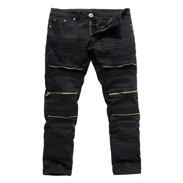 Men Ripped Biker Jeans Destroyed Frayed Pants Denim Pencil Trousers