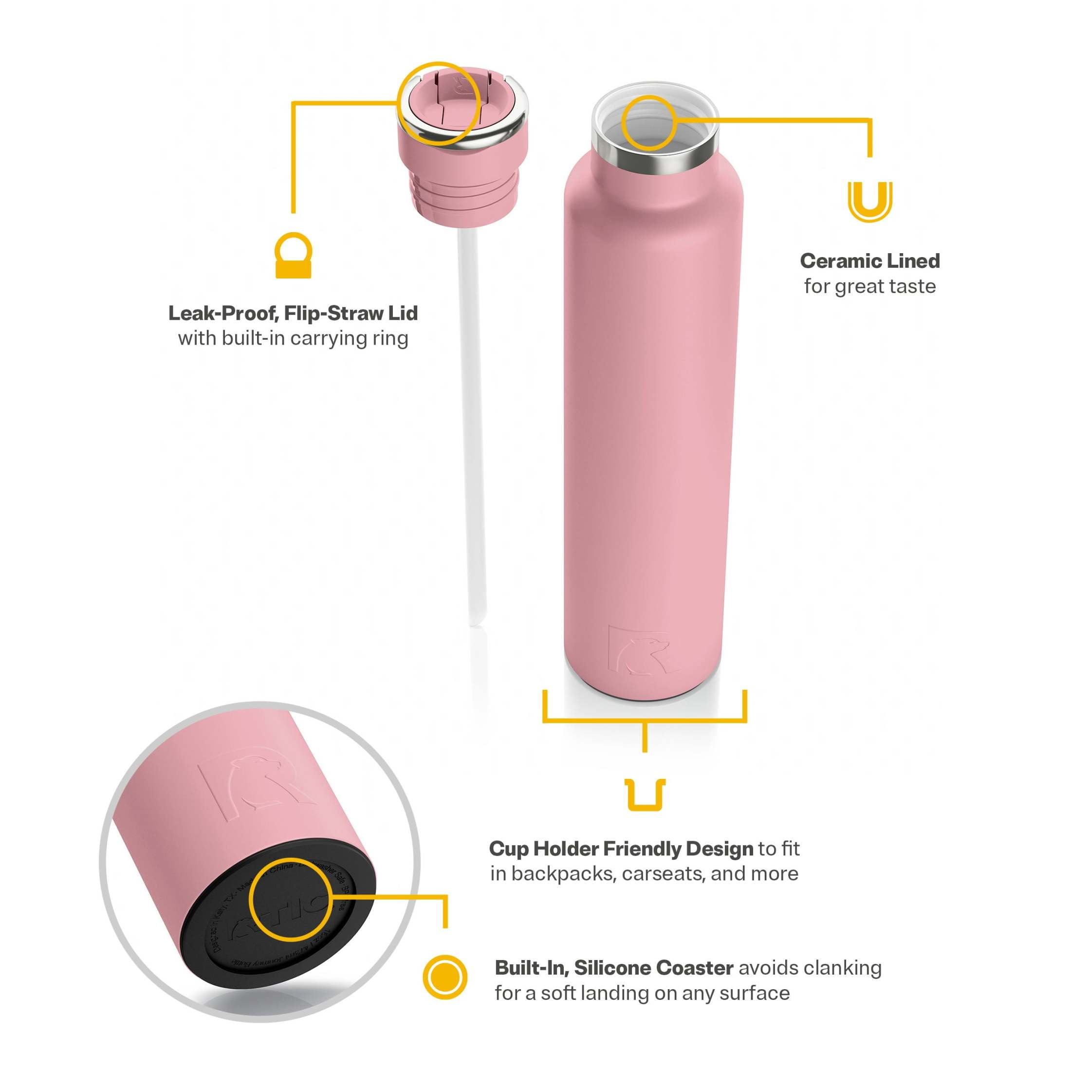 RTIC 26 oz Ceramic Lined Insulated Journey Water Bottle, Leak-Proof Lid, Dusty Rose