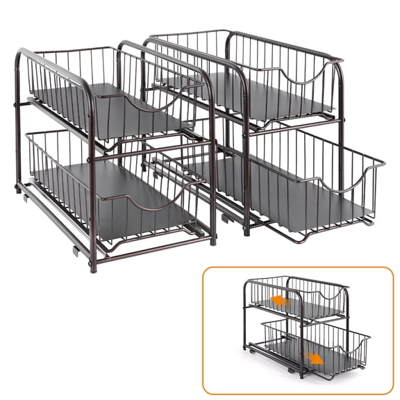 SoildPal Set of 2 Under Sink Organizer Pull Out, 2 Tier Sliding Storage Drawer, Stackable Cabinet Shelf Baskets for Kitchen Bathroom Countertop