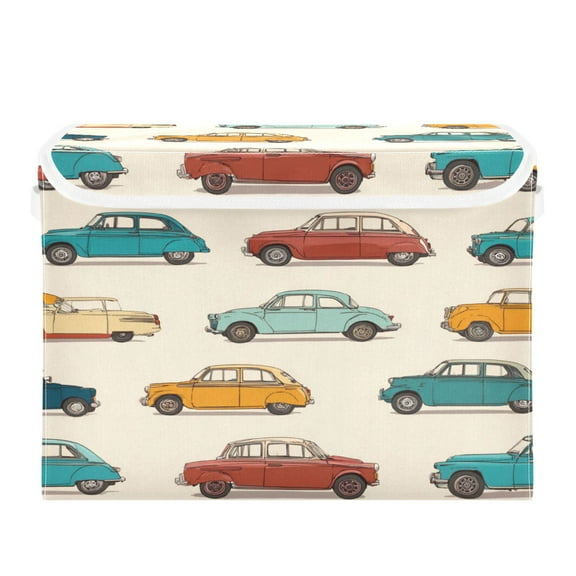 Large Collapsible Storage Box Flip Lid Fabric Decorative Organizer Container Basket with Handles 16.5×12.6×11.8in Vintage Cars