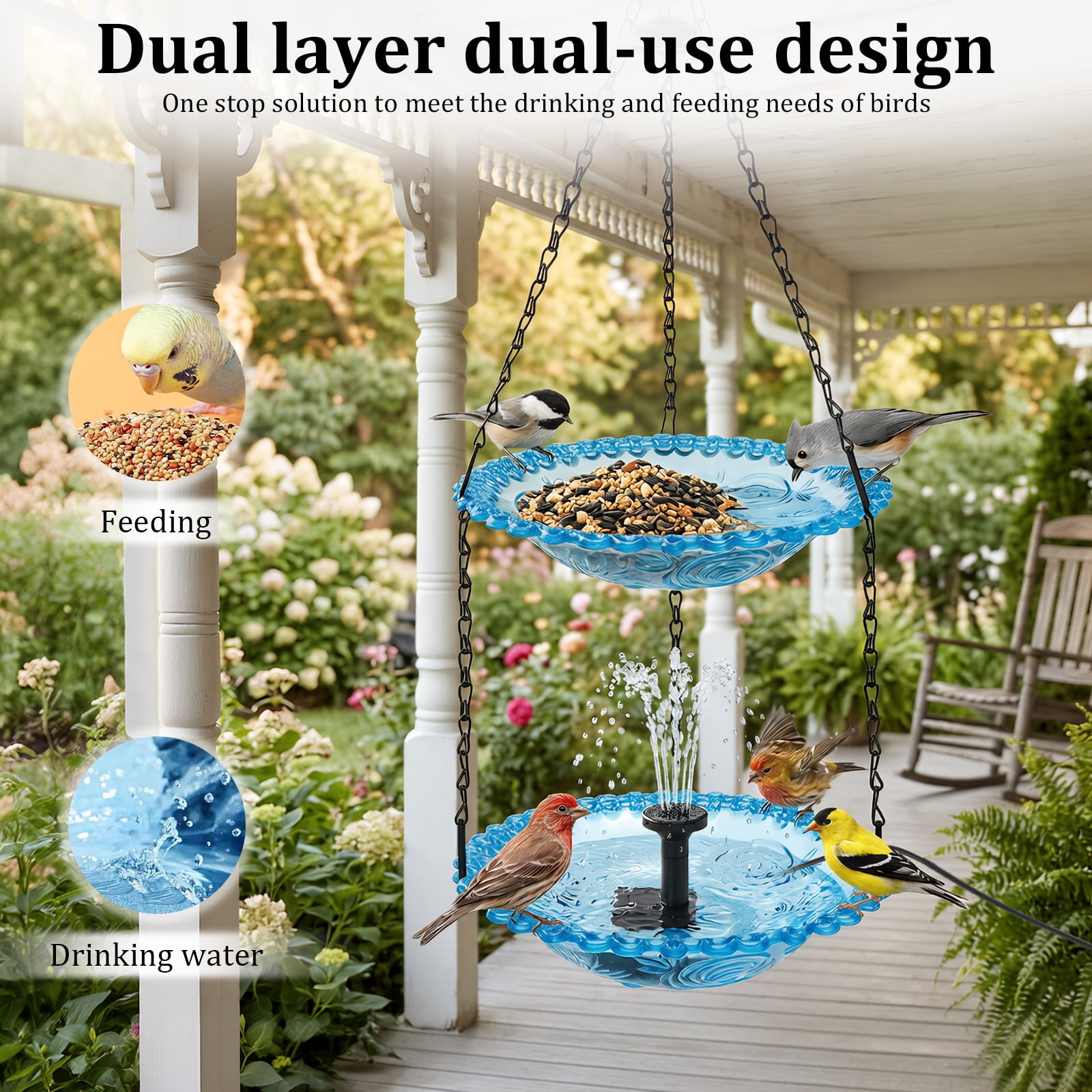 Grusce Hanging Solar Bird Bath Fountain, Solar Power Outdoor Water Fountain with Cascading Water Decorative for Garden Yard Patio