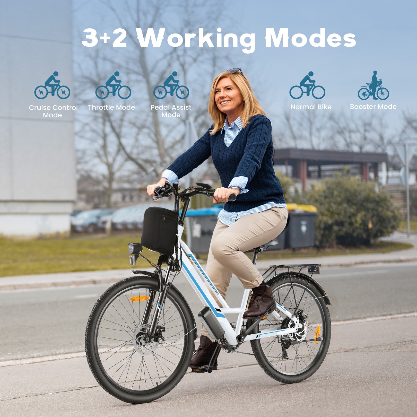 Elifine 500W Electric Bike for Adults, 26" Commuter Electric Bicycle 19.8mph City Ebike with 5 Riding Modes, 48V 7.8Ah Removable Battery UL 2849, LCD Intelligent Display Hybrid Electric Bike White