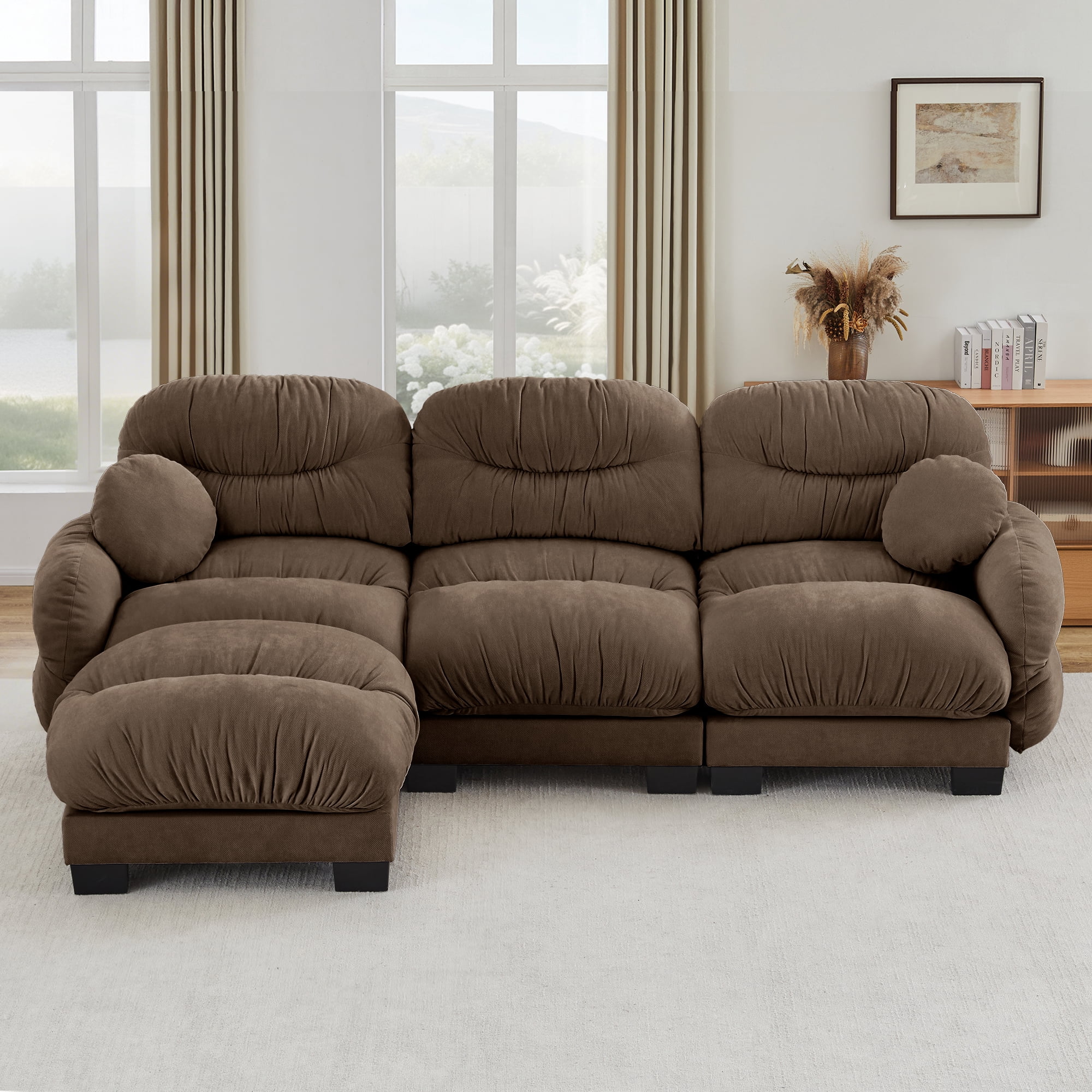 116" 3 Seater Sectional Couch Cozy Chenille Modular Sofa with Ottoman and 2 Throw Pillows
