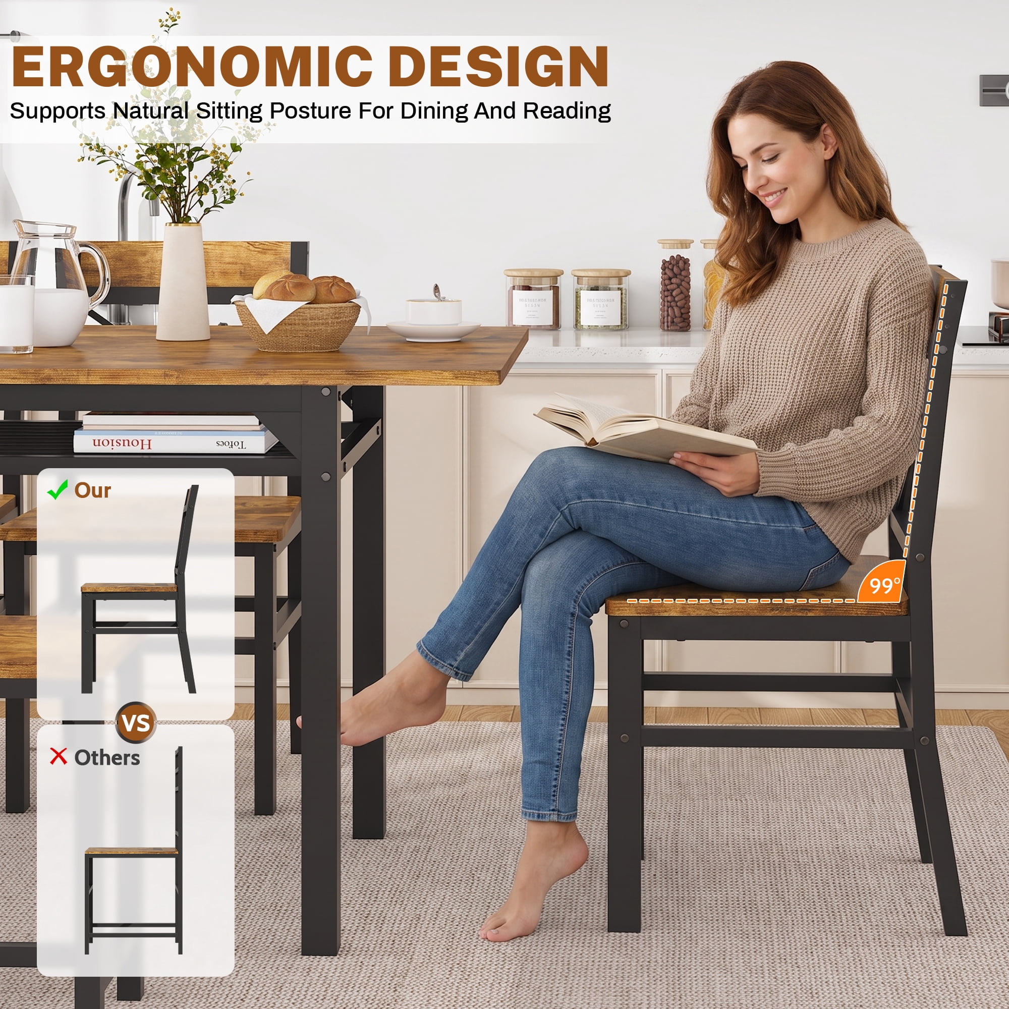 HOQBN Dining Table Set,Wooden Kitchen Table Set for 6,Farmhouse 7-Piece Dining Room Furniture for Small Space, Breakfast Nook, Apartment,Brown
