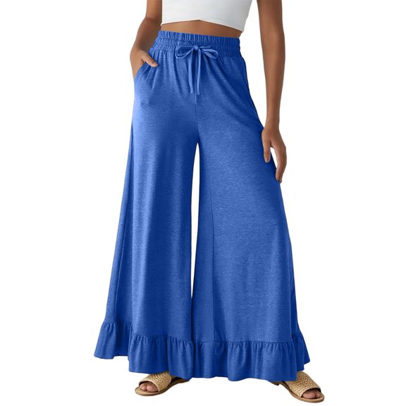 Wide Leg Pants Woman Summer Elastic High Waisted Palazzo Pants Flowy Drawstring Ruffle Hem Trousers with Pockets, M