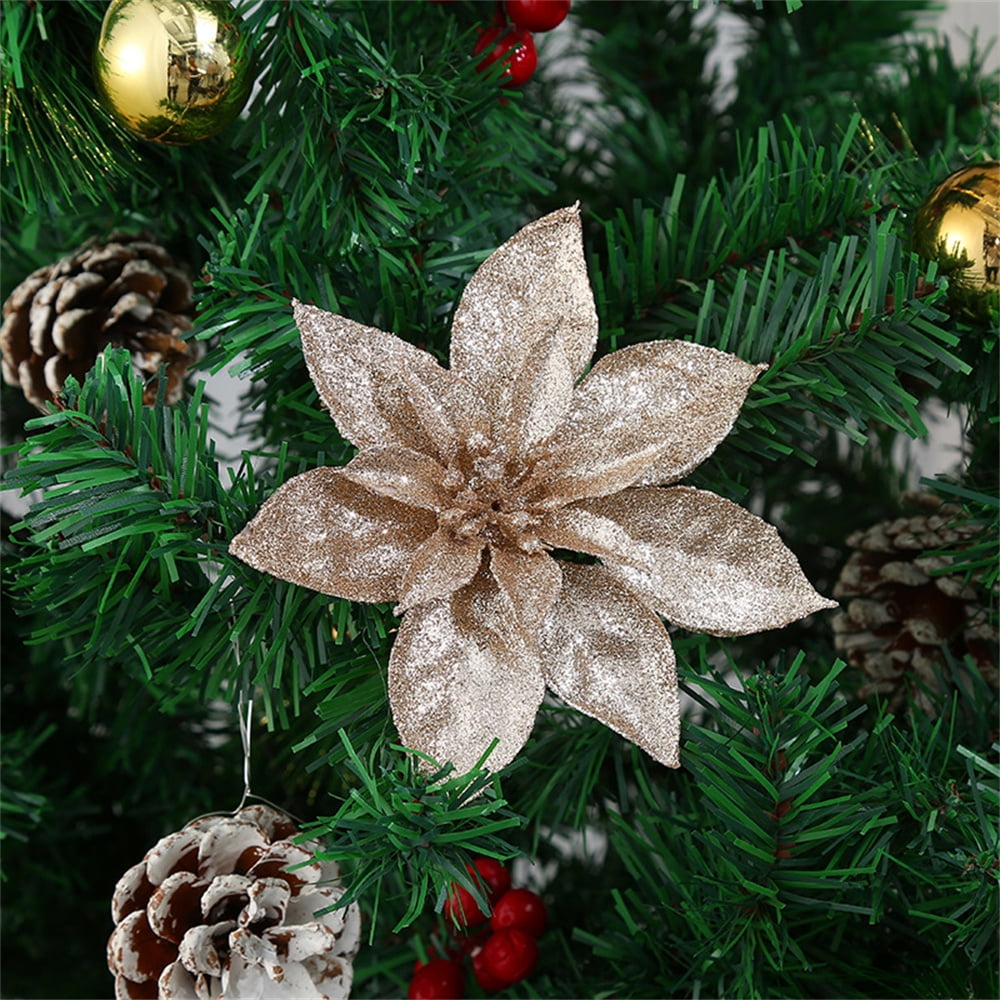 10 Pcs Glitter Christmas Flowers with Artificial Poinsettia Flower
