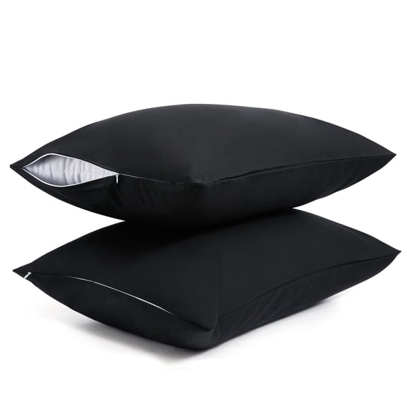 Cotton Pillow Protectors Queen Size, 2 Pack Zippered Cooling Pillow Cases, 400 Thread Count Breathable Pillow Covers For Hot Sleepers, Black