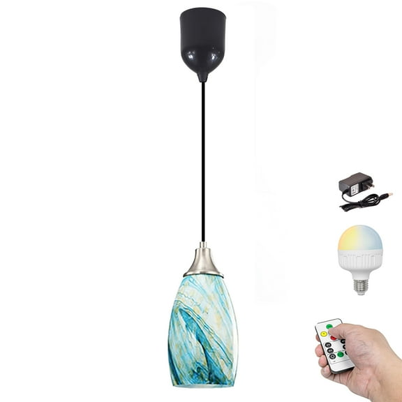 Kiven Battery Operated Pendant Light with Remote, Timer, Dimmable, Rechargeable Hanging Pendant Light Adjustable Height with Art Glass Globe for Bedroom Kitchen Reading Bar(1-Light) Lake Blue