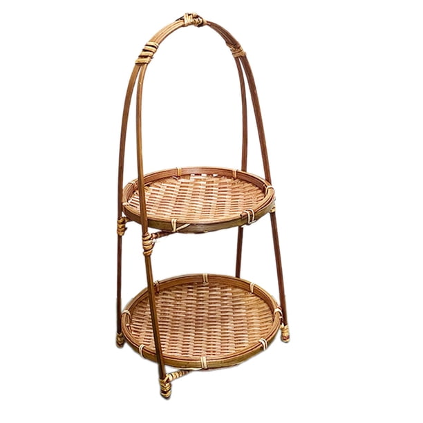 Organizador de canasta de almacenamiento de bocadas de cesta de fruta de bambú, bandeja de pan para hornear, decoración, soporte, cesta de almacenamie Marrón 2 capas