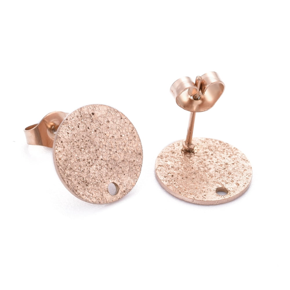 100pcs Ion Plating(IP) 304 Stainless Steel Stud Earring Findings with Earring Backs & Loop Textured Flat Round Rose golden 12x1mm Hole: 1.4mm Pin: 0.8mm