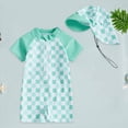thumbnail image 2 of TOWED22 Toddler Baby Boy One Piece Swimsuit Shark Short Sleeve Zip Up Bathing Suit with Sun Cap Infant Rash Guard Swimwear Green,1-2 Y, 2 of 7