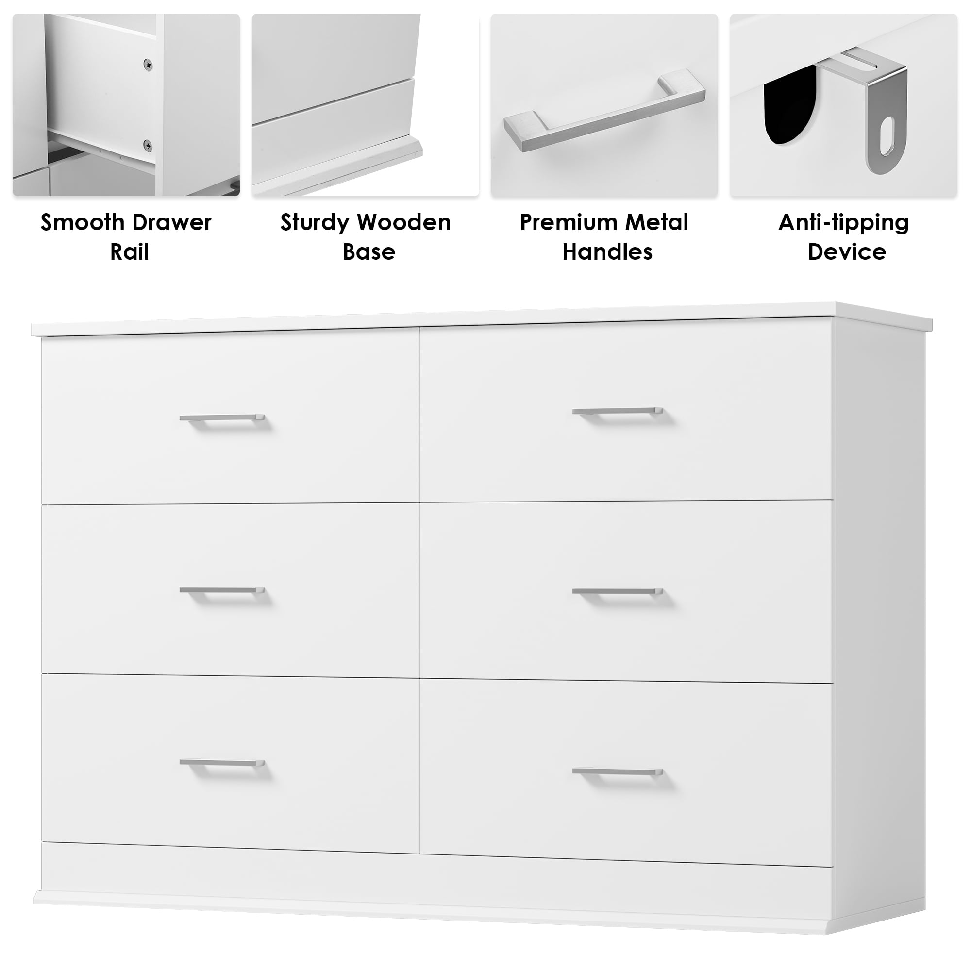 Homfa Dresser 6 Drawer, 47'' W Chest of Drawer with Deep Drawers, 6 drawer dressers for Bedroom, Living Room, White