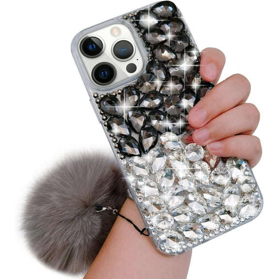 Compatible with iPhone 13 Pro Max Bling Diamond Rhinestones Case Fashion Luxury 3D Glitter Sparkle Crystal Gemstone Cover Cute Fur Plush Ball Pendant Cover for Women and Girls